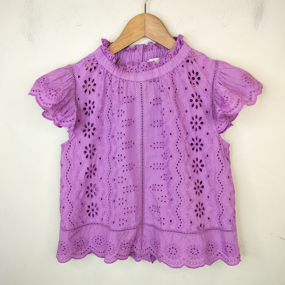 Jennifer & Grace Eyelet Top Small Ruffle Neck Flutter Sleeve Boho Purple